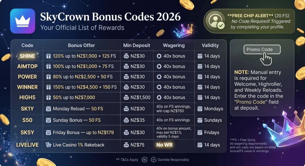 SkyCrown Casino bonus codes 2026 verified promo codes table for NZ players