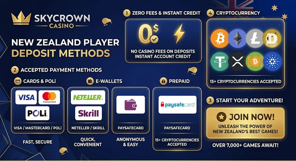 Overview of supported deposit methods at SkyCrown Casino for New Zealand players