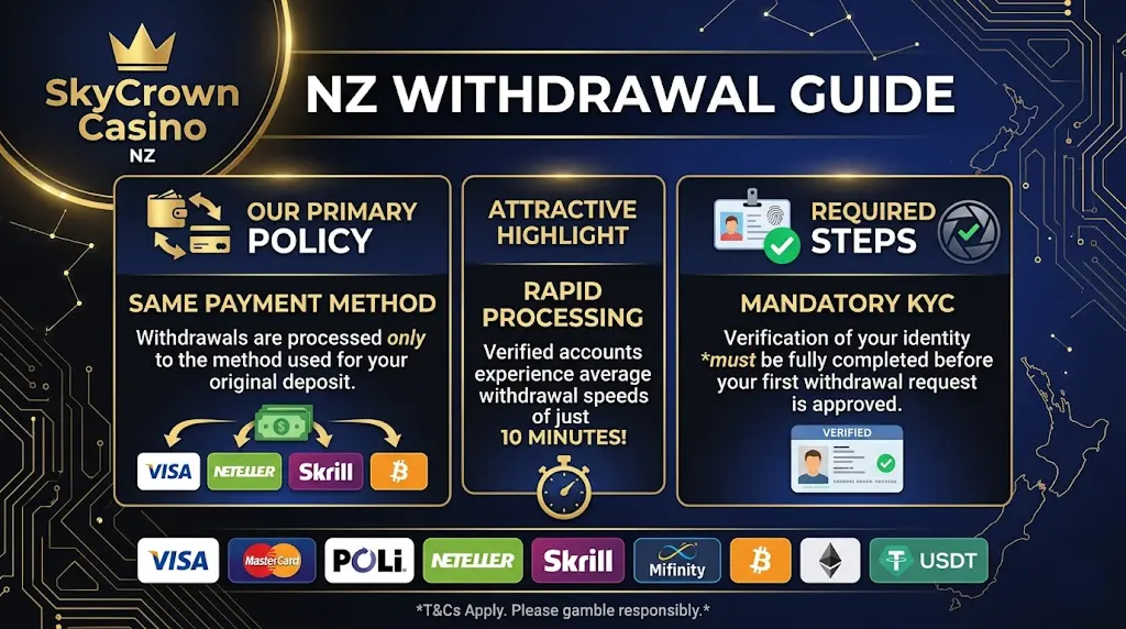 Available withdrawal methods at SkyCrown Casino for NZ players